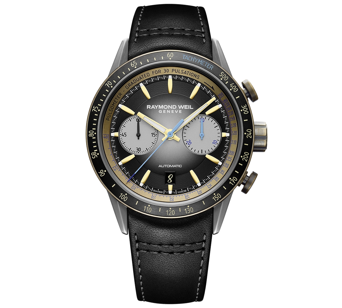 Raymond Weil Men's Swiss Automatic Chronograph Freelancer Black Leather Strap Watch 43.5mm