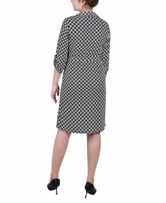 Petite Geometric Printed Long Sleeve Roll Tab Shirtdress