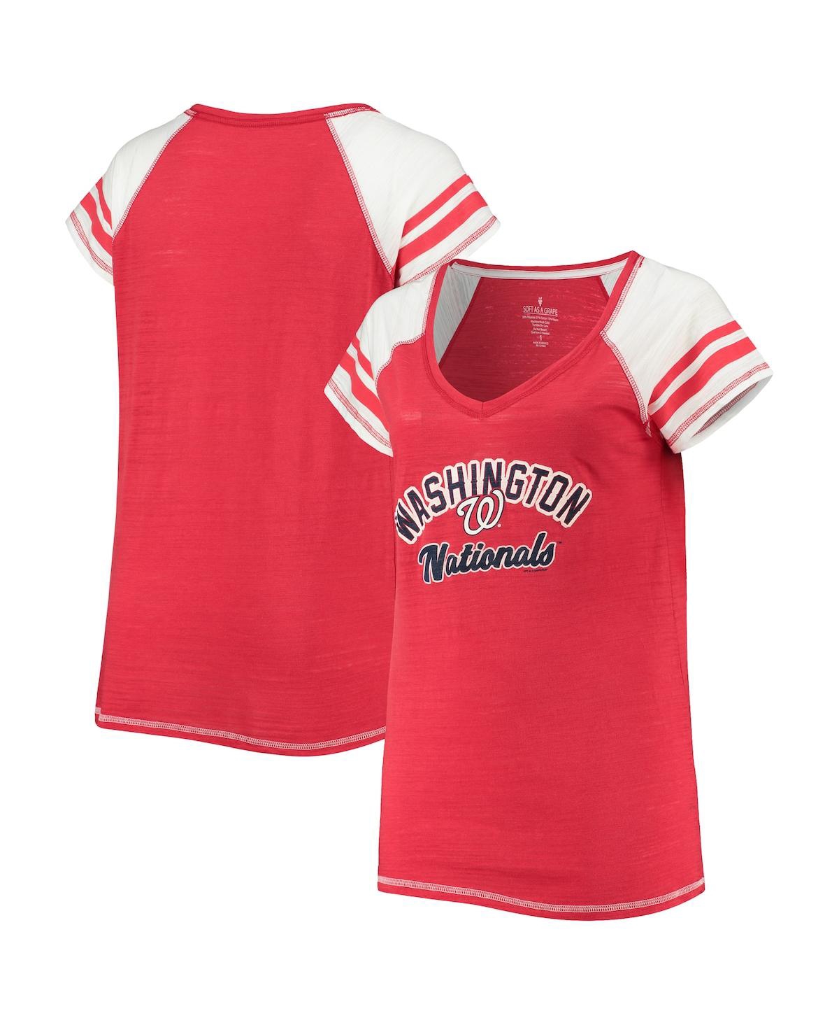 Women's Soft as a Grape Red Washington Nationals Curvy Colorblock Tri-Blend Raglan V-Neck T-shirt - Red