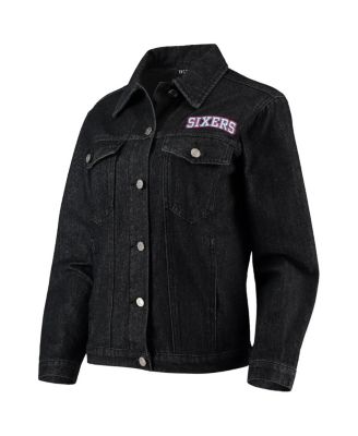 Women's Black Philadelphia 76ers Patch Denim Button-Up Jacket
