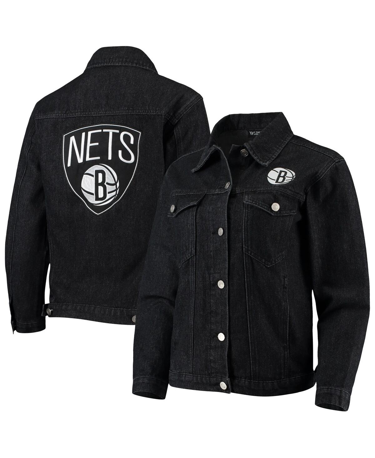 Shop The Wild Collective Women's  Black Brooklyn Nets Patch Denim Button-up Jacket
