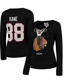 Women's Patrick Kane Black Chicago Blackhawks Henley Lace Up Name and Number Long Sleeve T-shirt