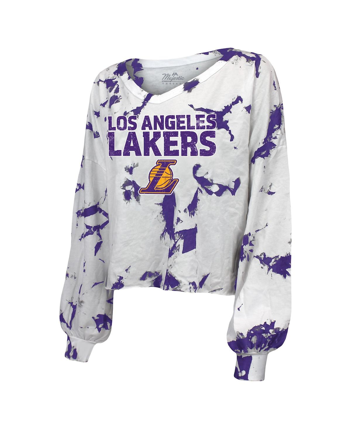 Shop Majestic Women's  Threads White Los Angeles Lakers Aquarius Tie-dye Cropped V-neck Long Sleeve T-shir