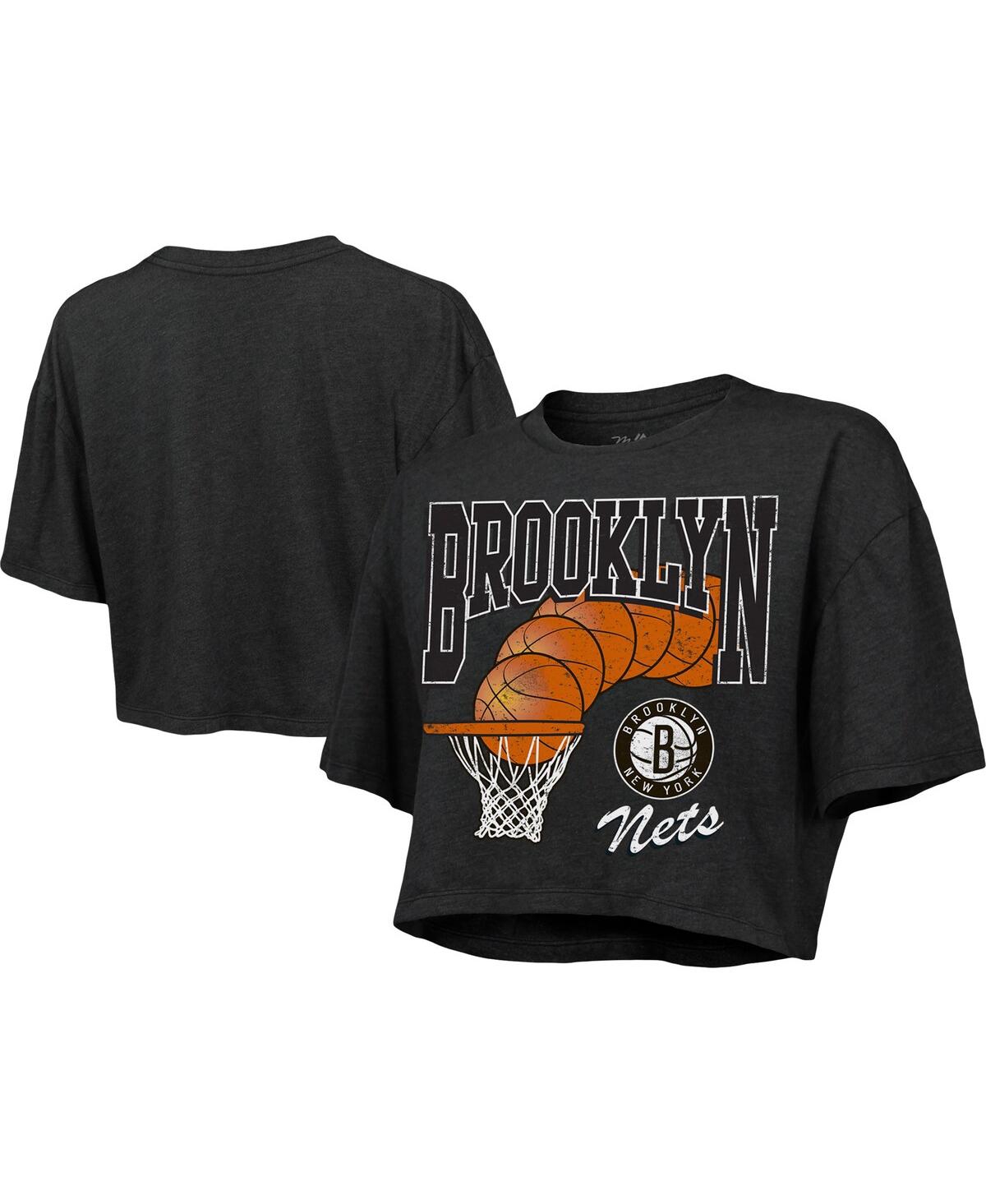 Shop Majestic Women's  Threads Charcoal Brooklyn Nets Bank Shot Cropped T-shirt