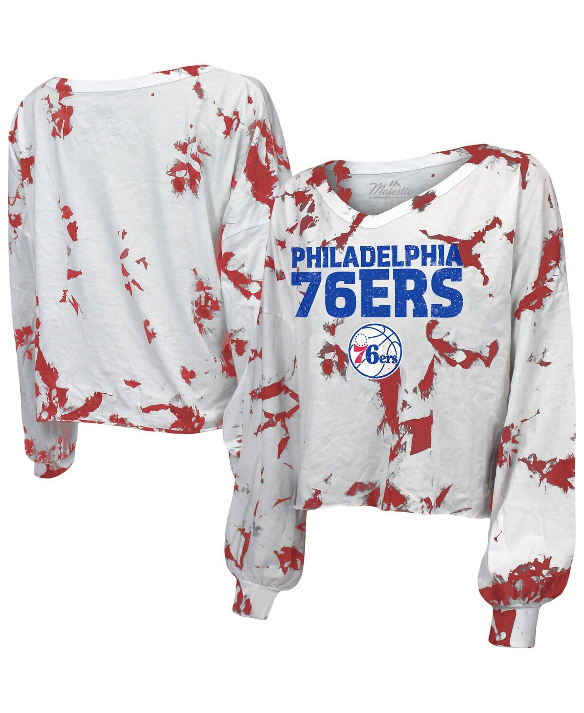 Majestic Women's  Threads White And Red Philadelphia 76ers Aquarius Tie-dye Cropped V-neck Long Sleev In White,red