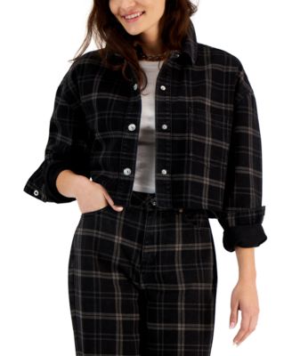 Gemma Rae - Juniors' Cropped Plaid Flannel Shirt Jacket