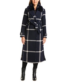 Women's Faux-Fur-Collar Plaid Maxi Wrap Coat