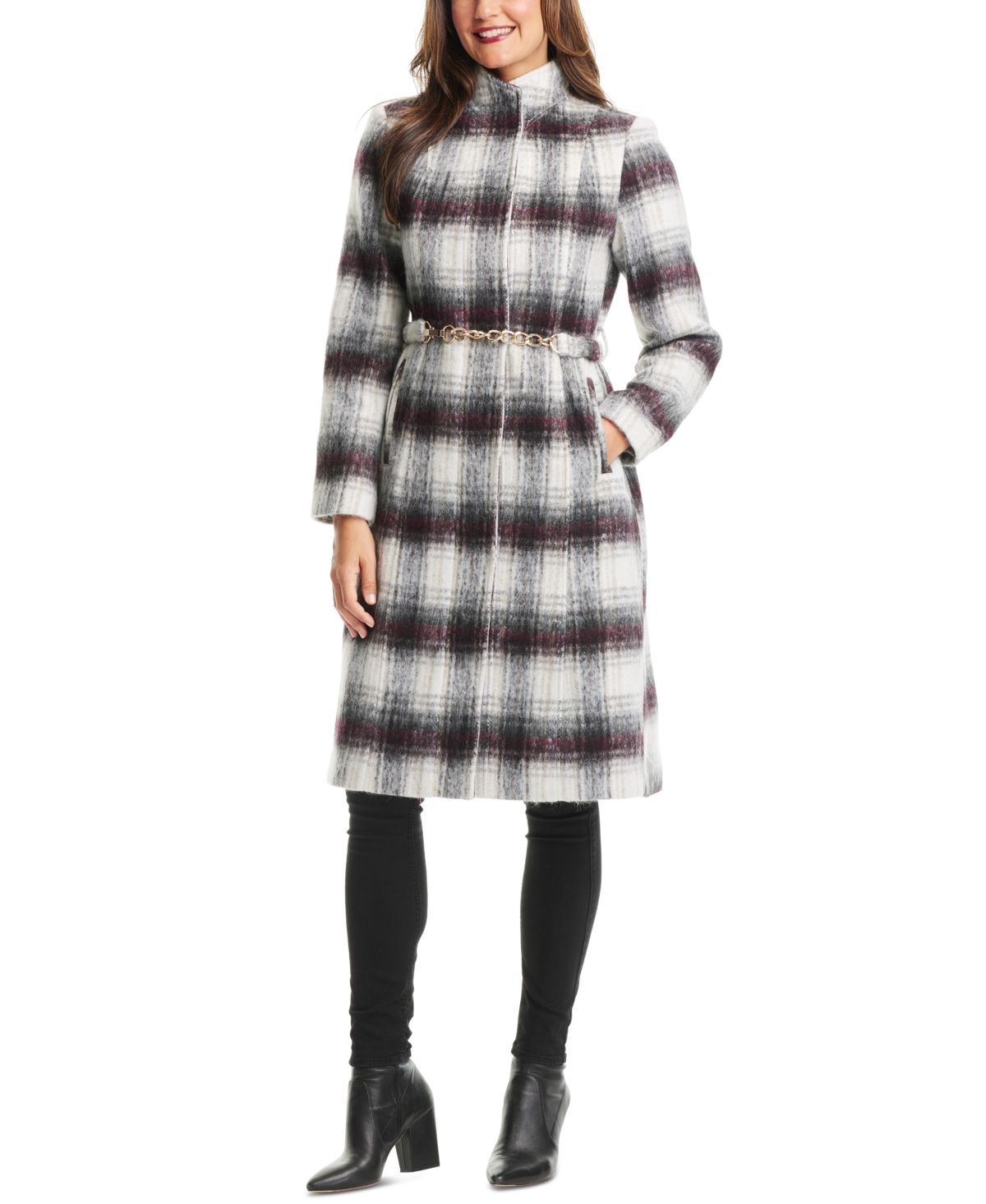 Vince Camuto Women's Chain Belted Plaid Maxi Coat