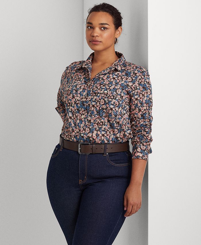Lauren Ralph Lauren Plus-Size Floral Cotton Voile Shirt - Macy's
