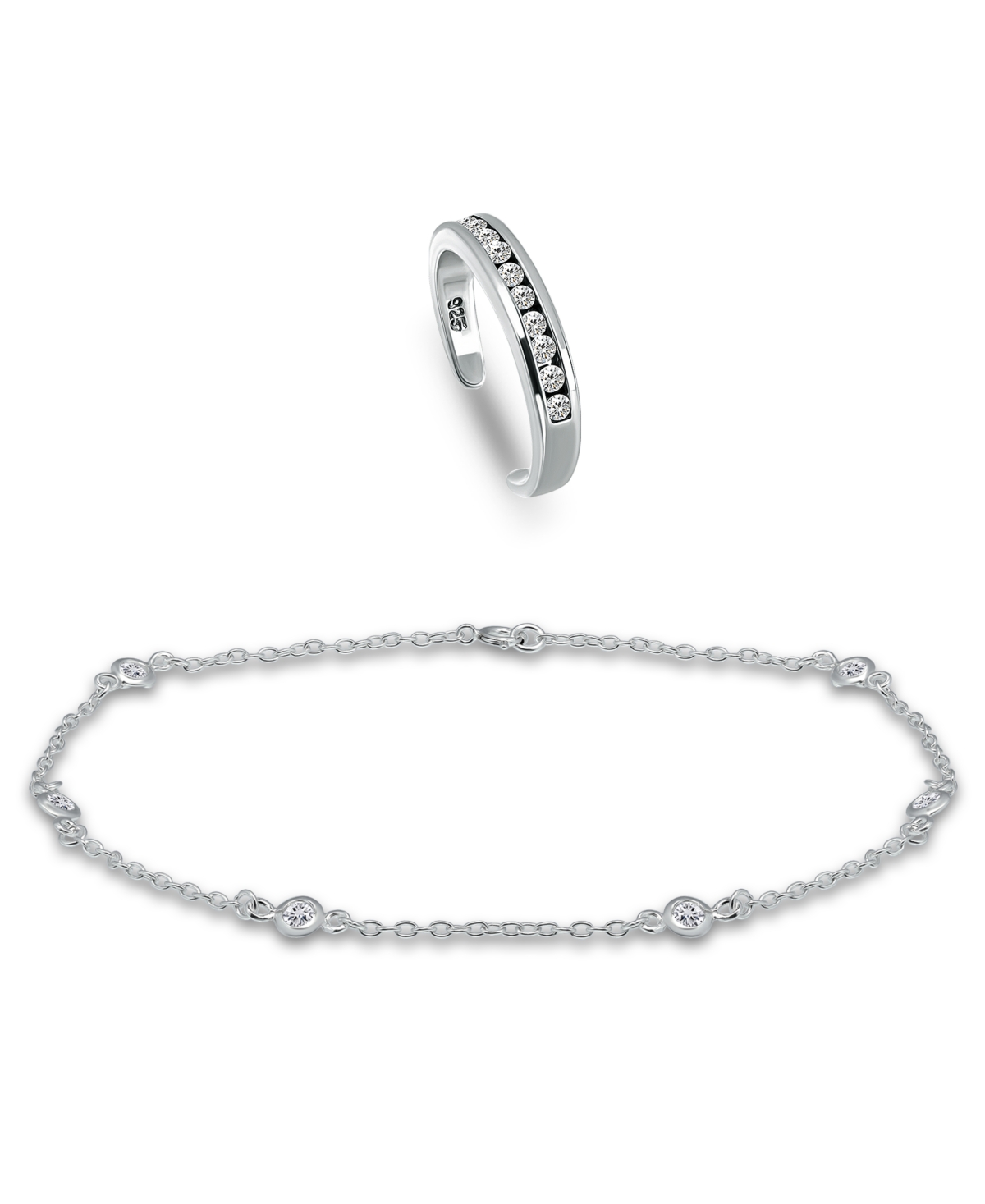 Cubic Zirconia Channel Set 18K Rose Gold and Gold Over Silver, Sterling Silver Toe Ring with Station Anklet Set, 2 Piece - Rose Gold ove