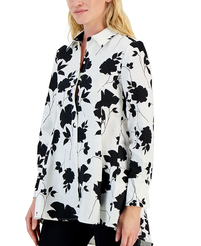 Alfani Women's Floral-Print Linen Blend High-Low Button Blouse, Created ...