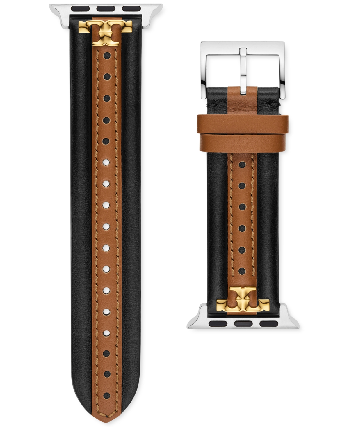 TORY BURCH THE KIRA BLACK & LUGGAGE LEATHER STRAP FOR APPLE WATCH 38MM/40MM/41MM