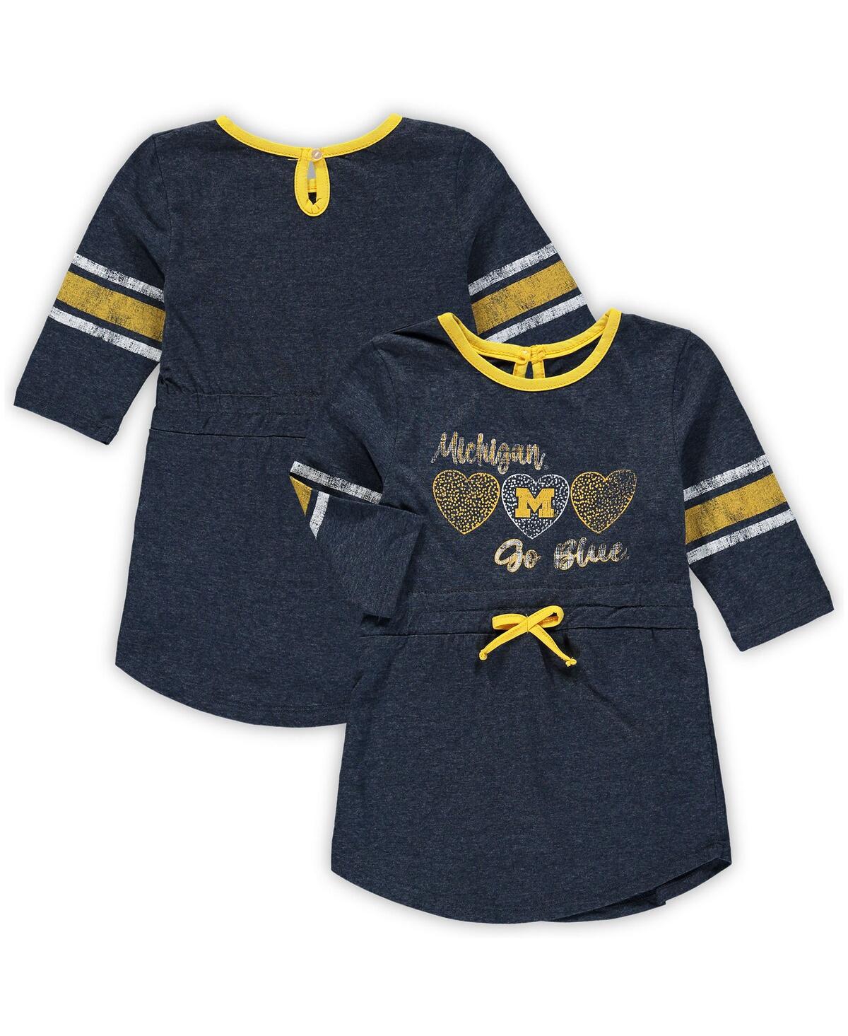 COLOSSEUM GIRLS TODDLER COLOSSEUM HEATHERED NAVY DISTRESSED MICHIGAN WOLVERINES POPPIN SLEEVE STRIPE DRESS