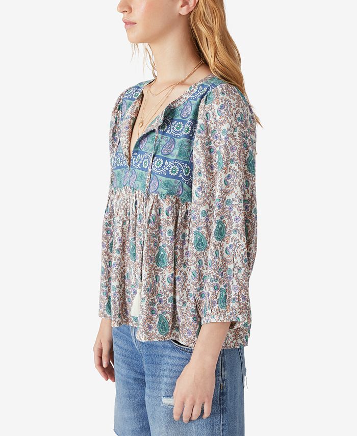 Lucky Brand Women's Printed Short Sleeve Peasant Top Blue Size Medium