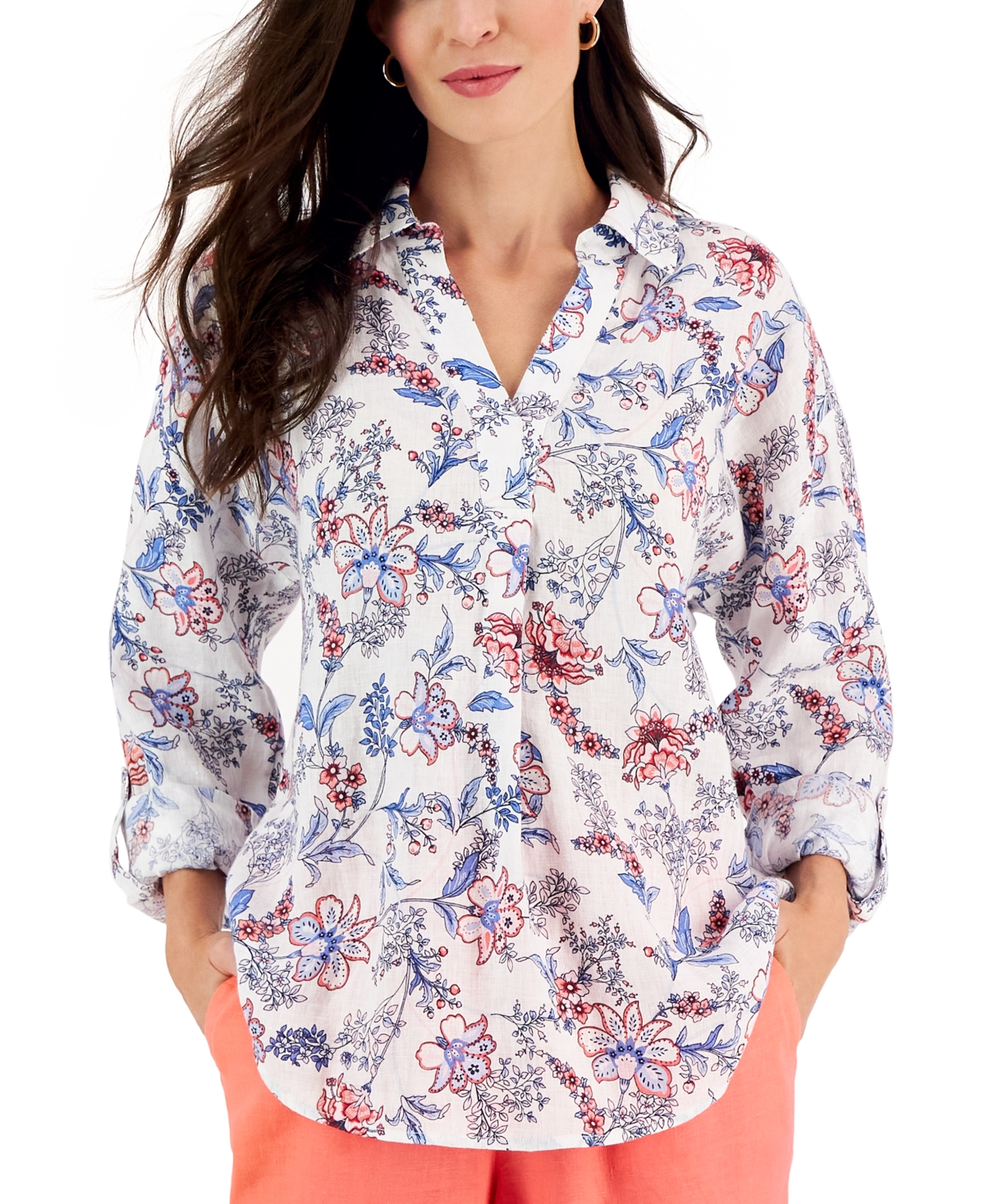 Charter Club Women's Linen Printed Split-Neck Top, Created for Macy's