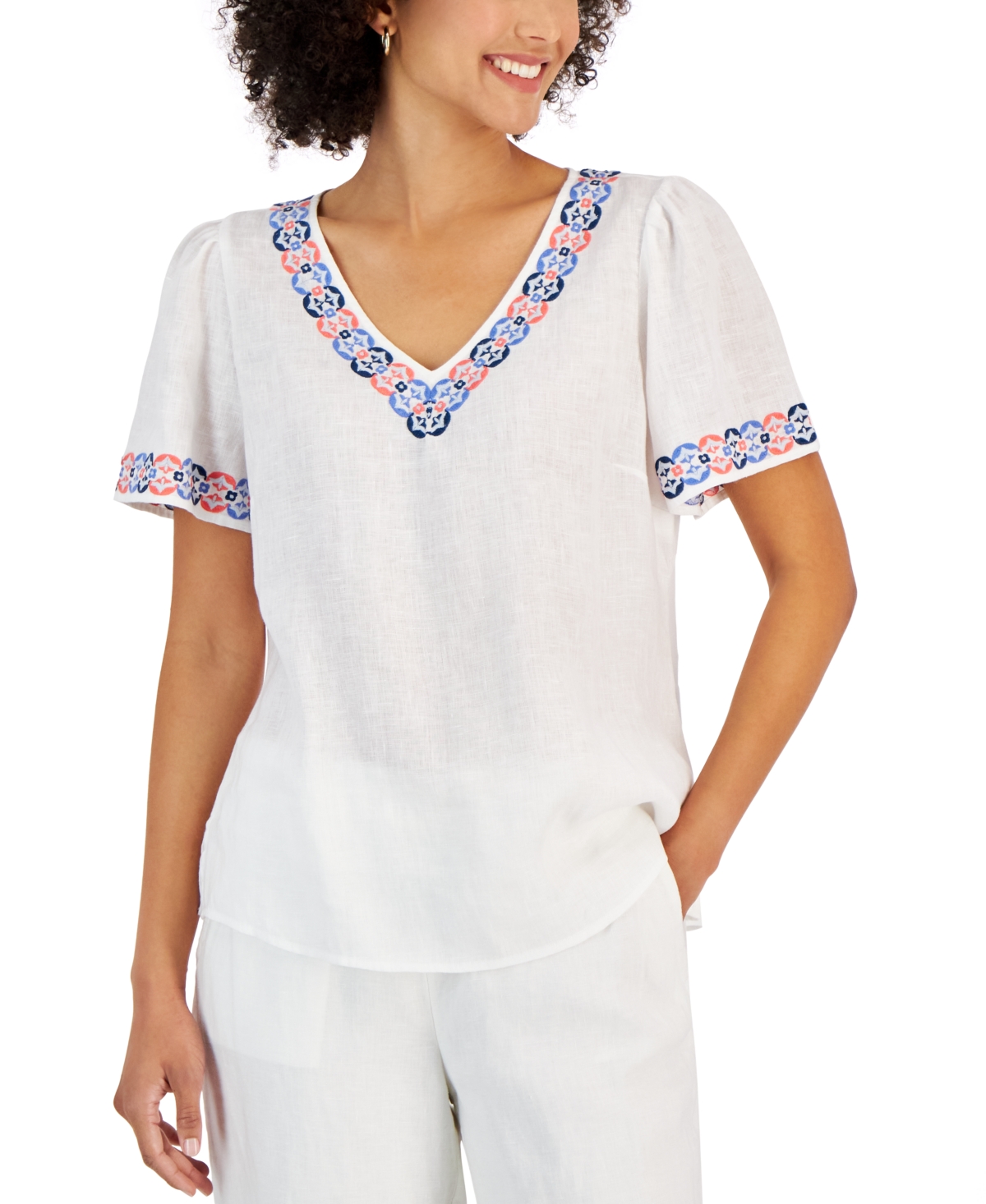 Charter Club Women's Linen Embroidered V-Neck Top, Created for Macy's