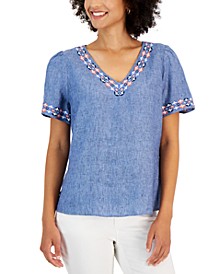 Women's Linen Embroidered V-Neck Top, Created for Macy's