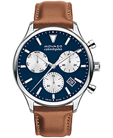 Men's Calendoplan Cognac Brown Genuine Leather Strap Watch 43mm