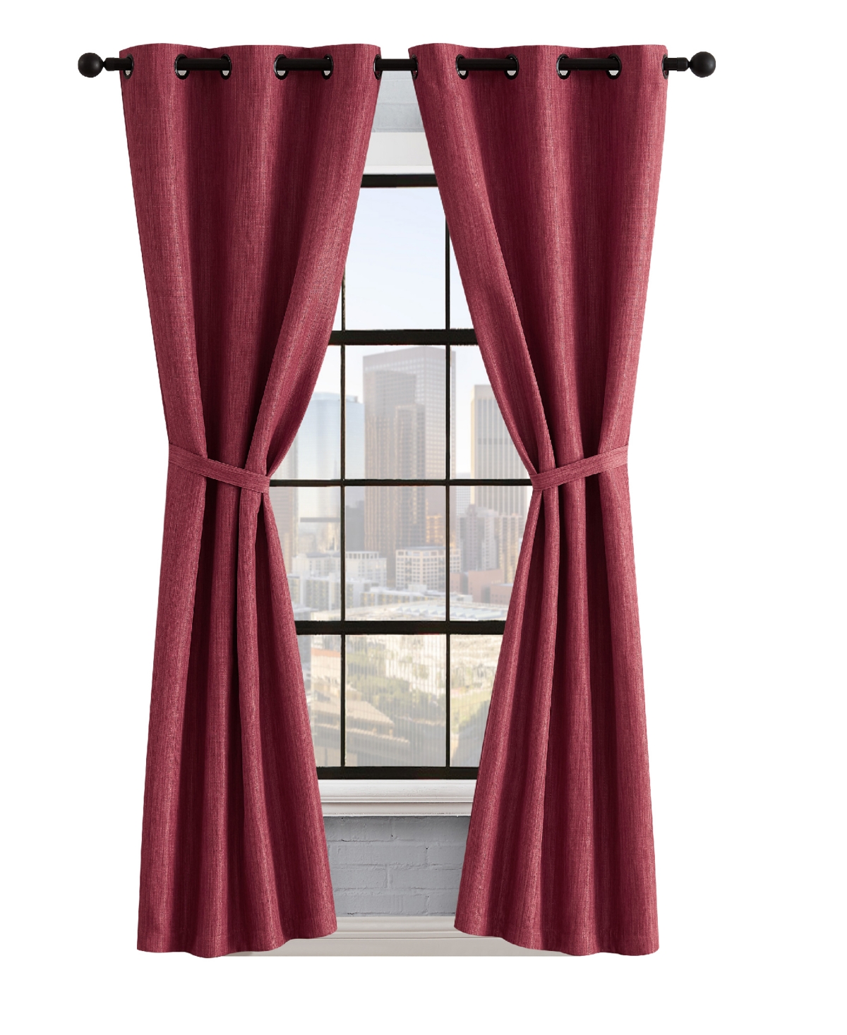 Lucky Brand Solana Thermal Woven Room Darkening Grommet Window Curtain Panel Pair With Tiebacks, 38" X 96" In Clay Red
