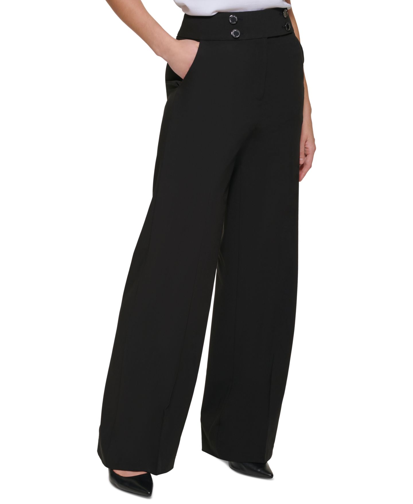 Женские брюки Calvin Klein Whitney Button-Front Wide-Leg, цвет: Чёрный — фото 3