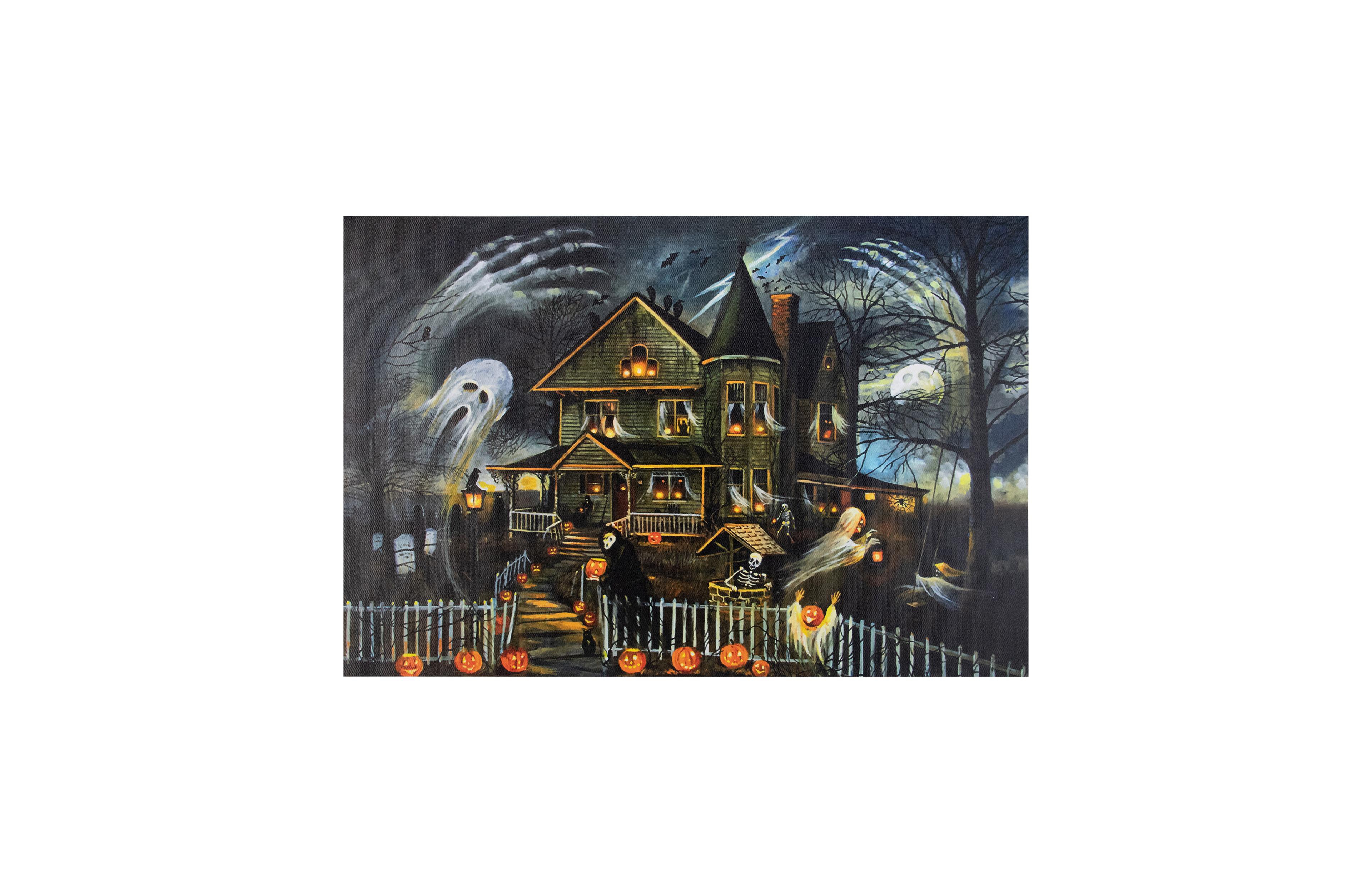 Led Lighted Creepy Haunted House Halloween Canvas Wall Art, 23.5" x 16"
