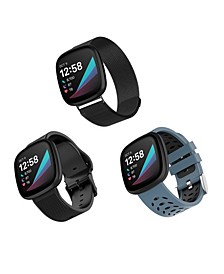 Black Stainless Steel Mesh Band, Bluestone and Black Premium Sport Silicone Band and Black Woven Silicone Band Set, 3 PC Compatible with the Fitbit Versa 3 and Fitbit Sense