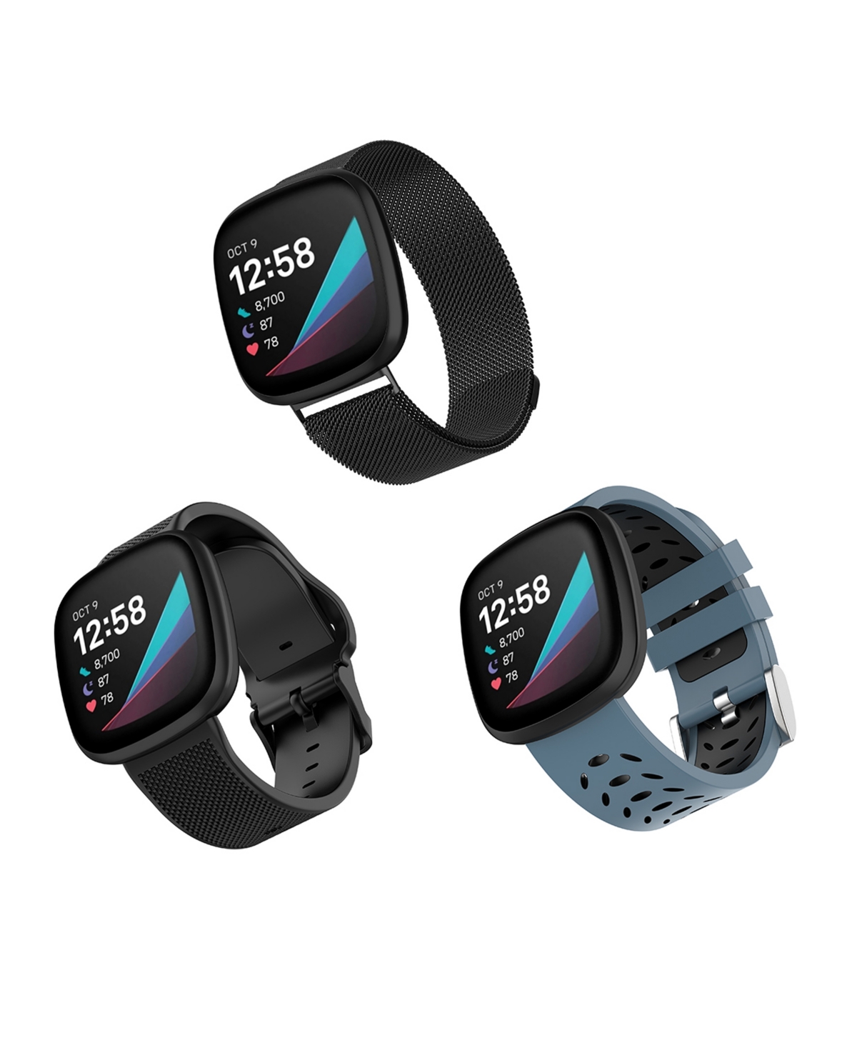 Black Stainless Steel Mesh Band, Bluestone and Black Premium Sport Silicone Band and Black Woven Silicone Band Set, 3 Pc Compatible with the Fi