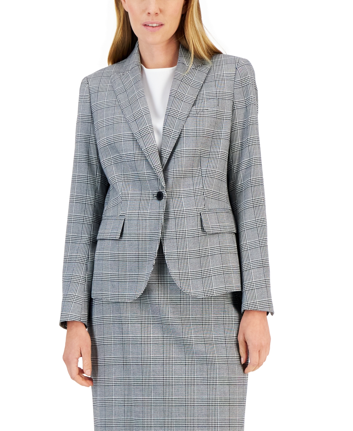 Shop Anne Klein Women's Glen Plaid Single-button Skirt Suit In Anne Black,bright White