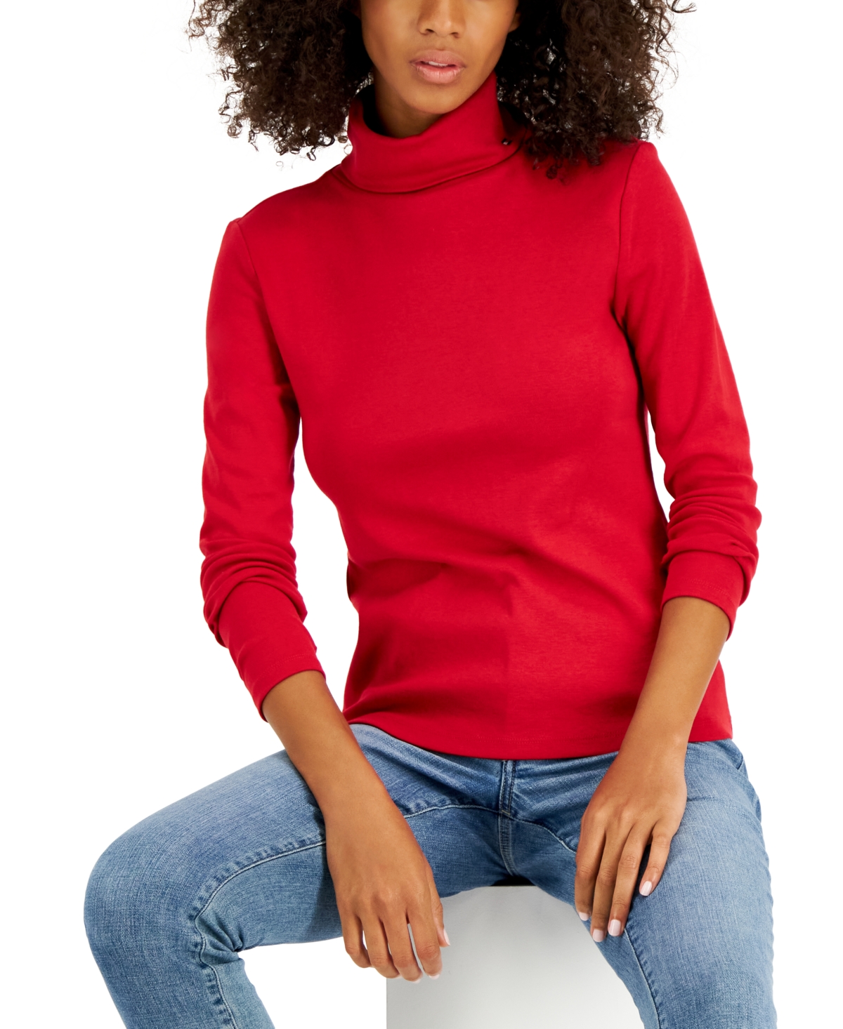 Shop Tommy Hilfiger Women's Long Sleeve Cotton Turtleneck Top In Chili Pepper