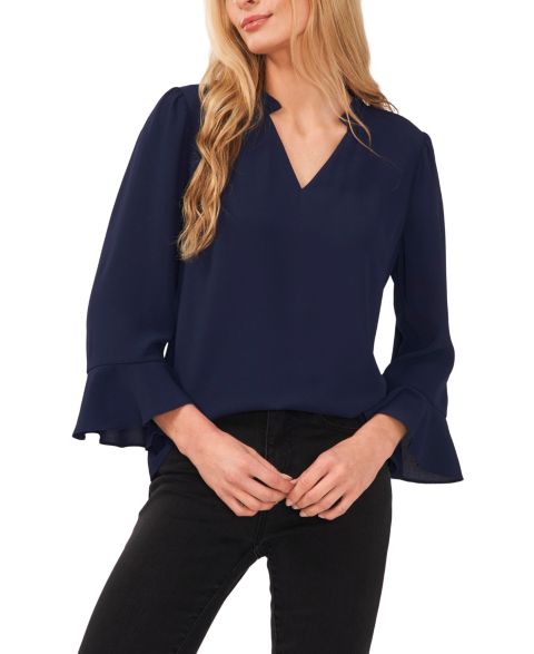 Женская блузка CeCe 3/4 Sleeve Ruffle-Sleeve V-Neck Blouse, цвет: Тёмно-синий