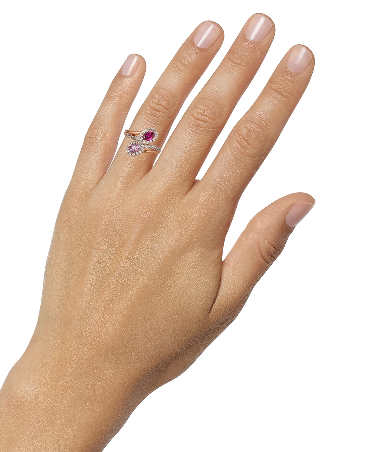 Pink(3/8 ct. t.w.), Rhodolite (1/2 ct. t.w.) & White Topaz (5/8 ct. t.w.) Bypass Ring in 14k Rose Gold-Plated Sterling Silver (Also in Morga