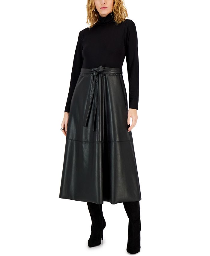 Anne Klein Faux-Leather A-Line Midi Dress - Macy's