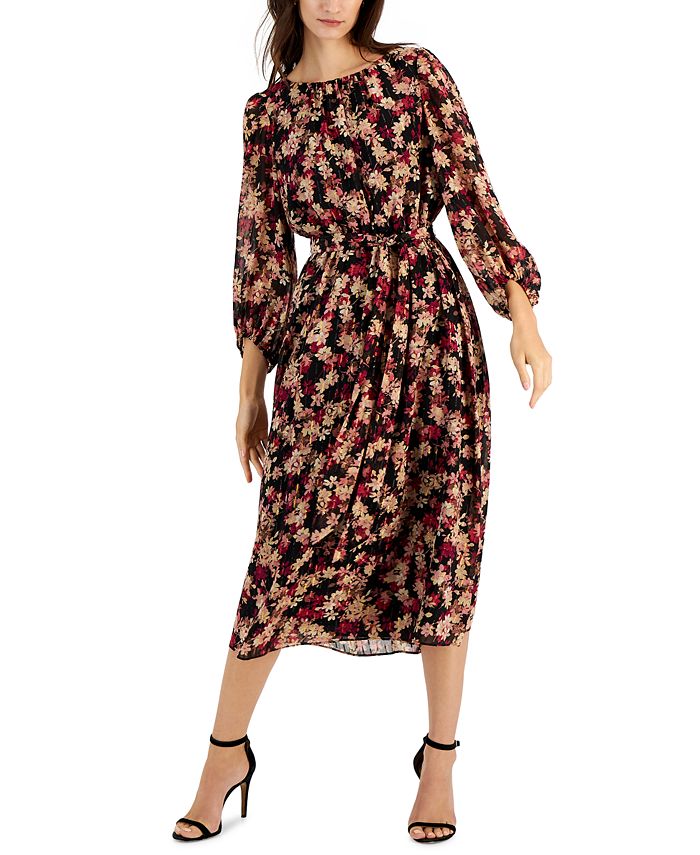 Anne Klein Women's Printed PleatNeck Midi Dress Macy's