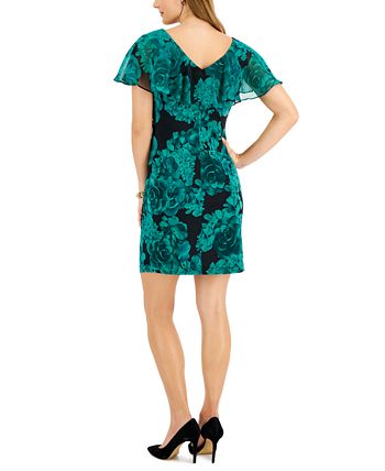 V-neck Pleated Flutter Sleeves Sheath Long Dress Dark Green