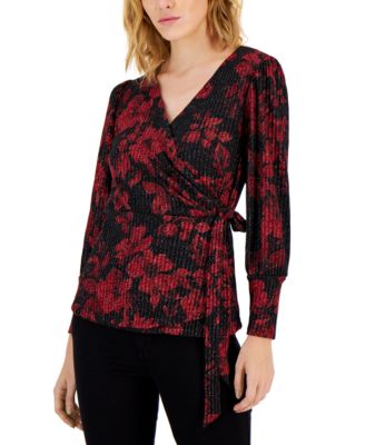 Nine West - Women's Printed Peplum Faux-Wrap Long-Sleeve Top