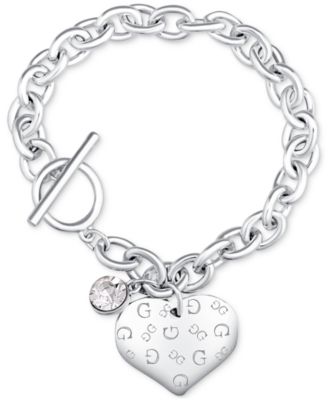 GUESS - Silver-Tone Heart Charm Toggle Line Bracelet