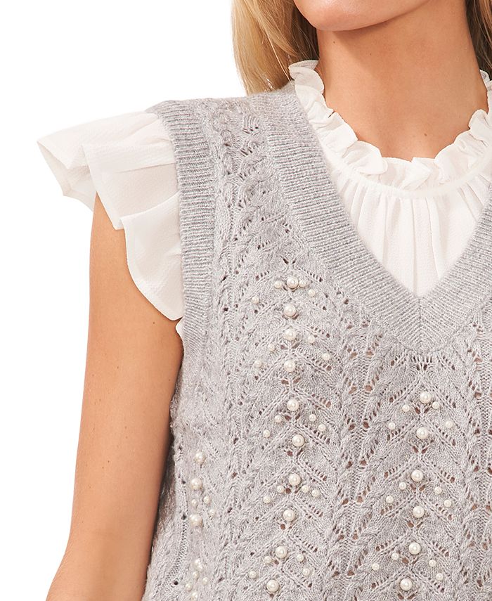 CeCe Women's VNeck Imitation Pearl Detail Cable Vest Macy's