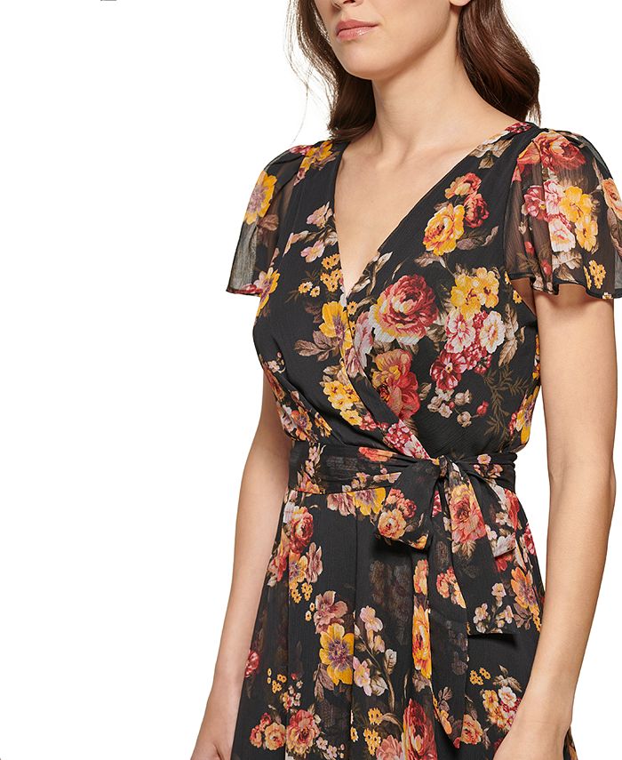CITY CHIC Womens Black Belted Pleated Elastic Back  French Wrap Floral Flutter Sleeve Surplice Neckline Mini Evening Dress main image 1