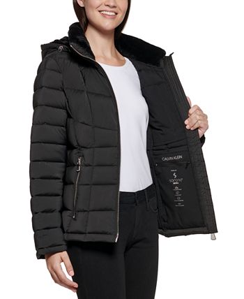 Calvin Klein Women s Petite Faux Fur Trim Hooded Puffer Coat