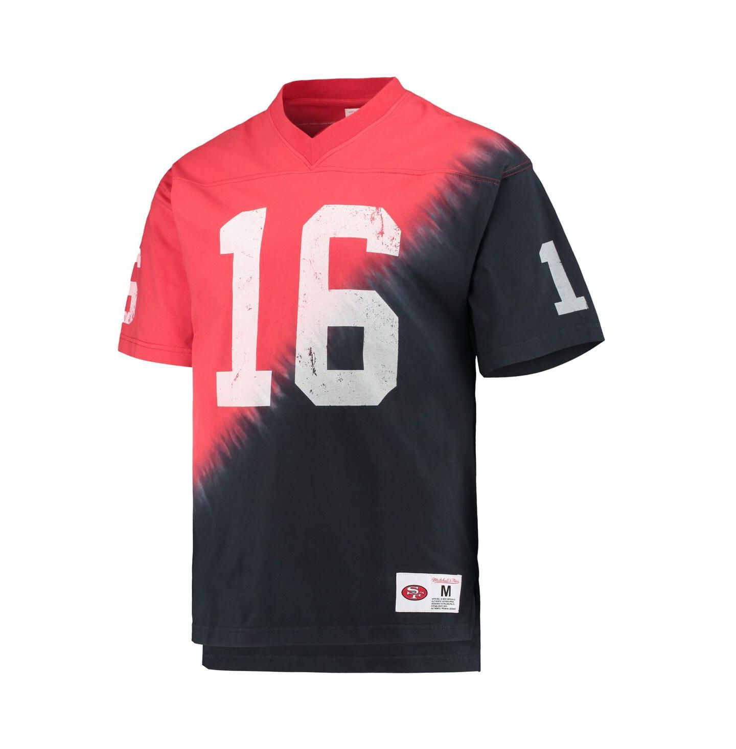 Мужская футболка Mitchell & Ness Joe Montana Black, Red San Francisco 49ers Retired Player Name & Number Diagonal Tie-Dye V-Neck — фото 3