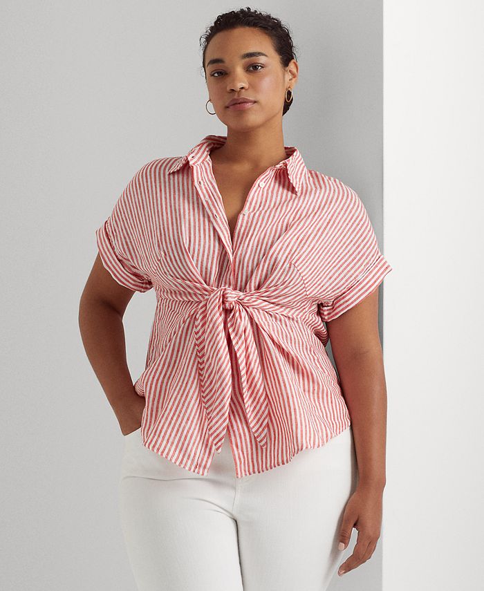 Lauren Ralph Lauren Plus-Size Striped Tie-Front Linen Shirt & Reviews - Tops  - Plus Sizes - Macy's