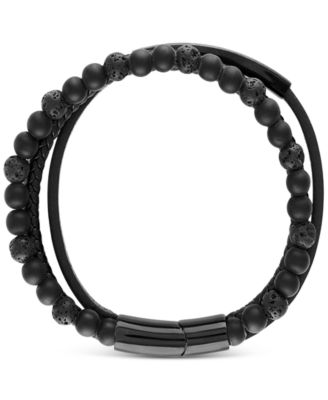 Men's Onyx & Lava Bead Triple Row Braided Leather Bracelet in Black Ion-Plated Stainless Steel (Also in Onyx/Sodalite)