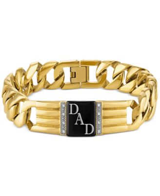 Macy's - Men's Diamond & Onyx Dad ID Plate Curb Link Bracelet (1/20 ct. t.w.) in Gold Ion-Plated Stainless Steel