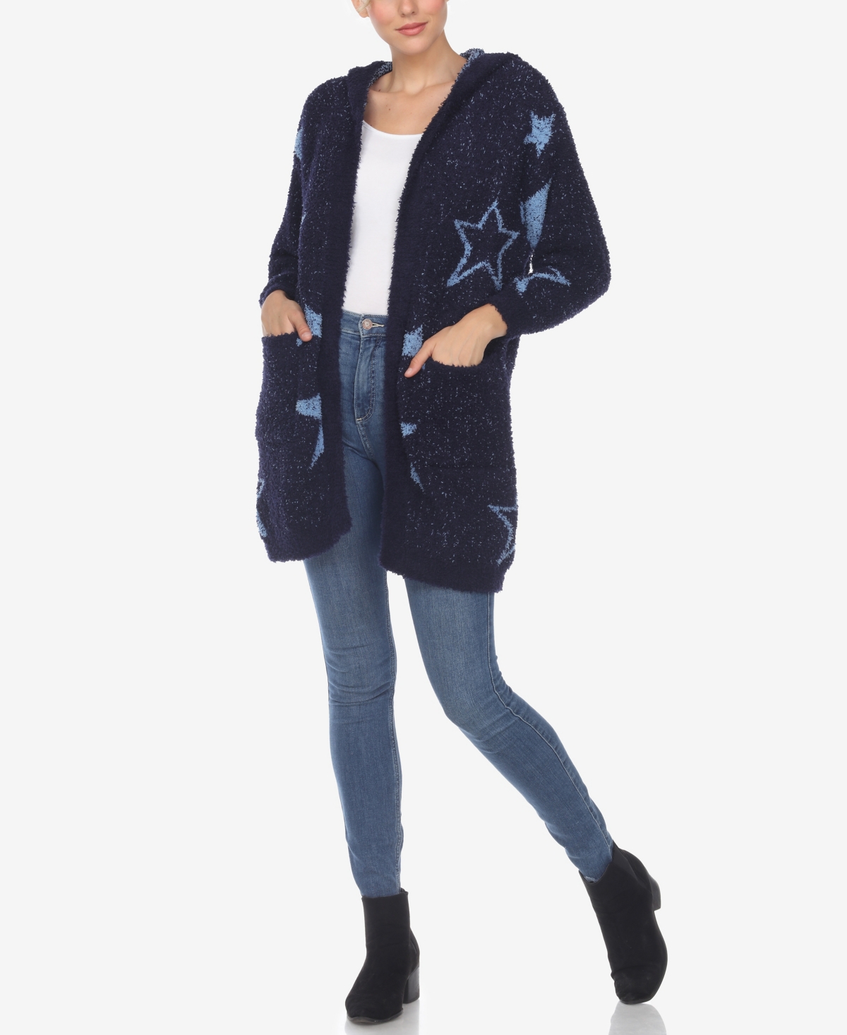 White Mark Women's Hooded Open Front Sherpa Coat - Light Blue Stars