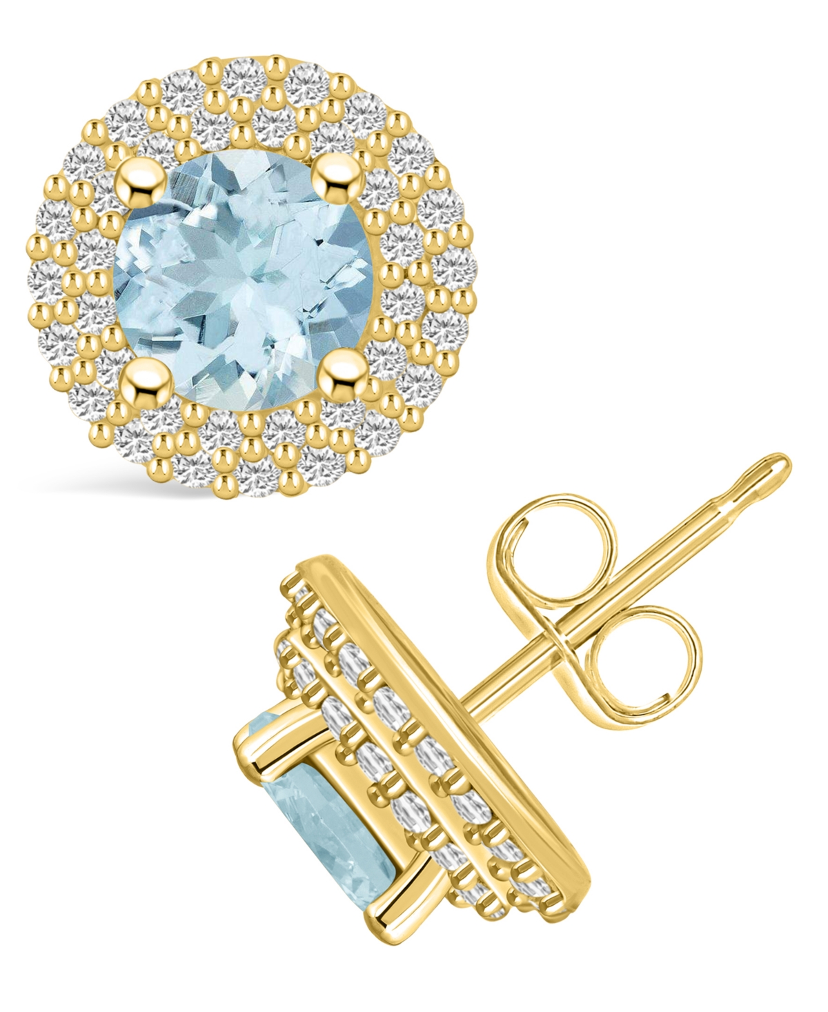 Macy's Aquamarine (1-1/2 Ct. T.w.) And Diamond (1/2 Ct. T.w.) Halo Stud Earrings In 14k Yellow Gold In Blue