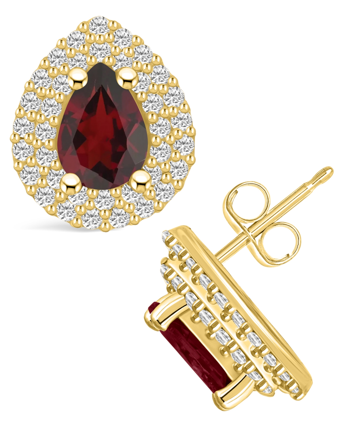 MACY'S GARNET (1-3/4 CT. T.W.) AND DIAMOND (5/8 CT. T.W.) HALO STUD EARRINGS IN 14K YELLOW GOLD