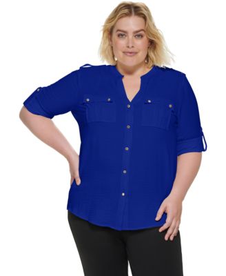 Calvin Klein - Plus Size Solid Button-Down Roll-Sleeve Top