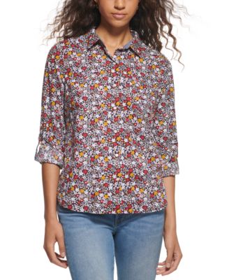 Tommy Hilfiger - Women's Printed Long Sleeve Roll-Tab Top
