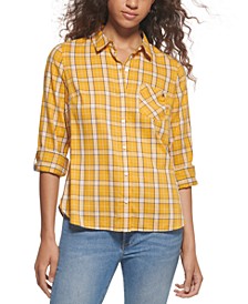 Women's Roll-Tab Plaid Buttoned Top 