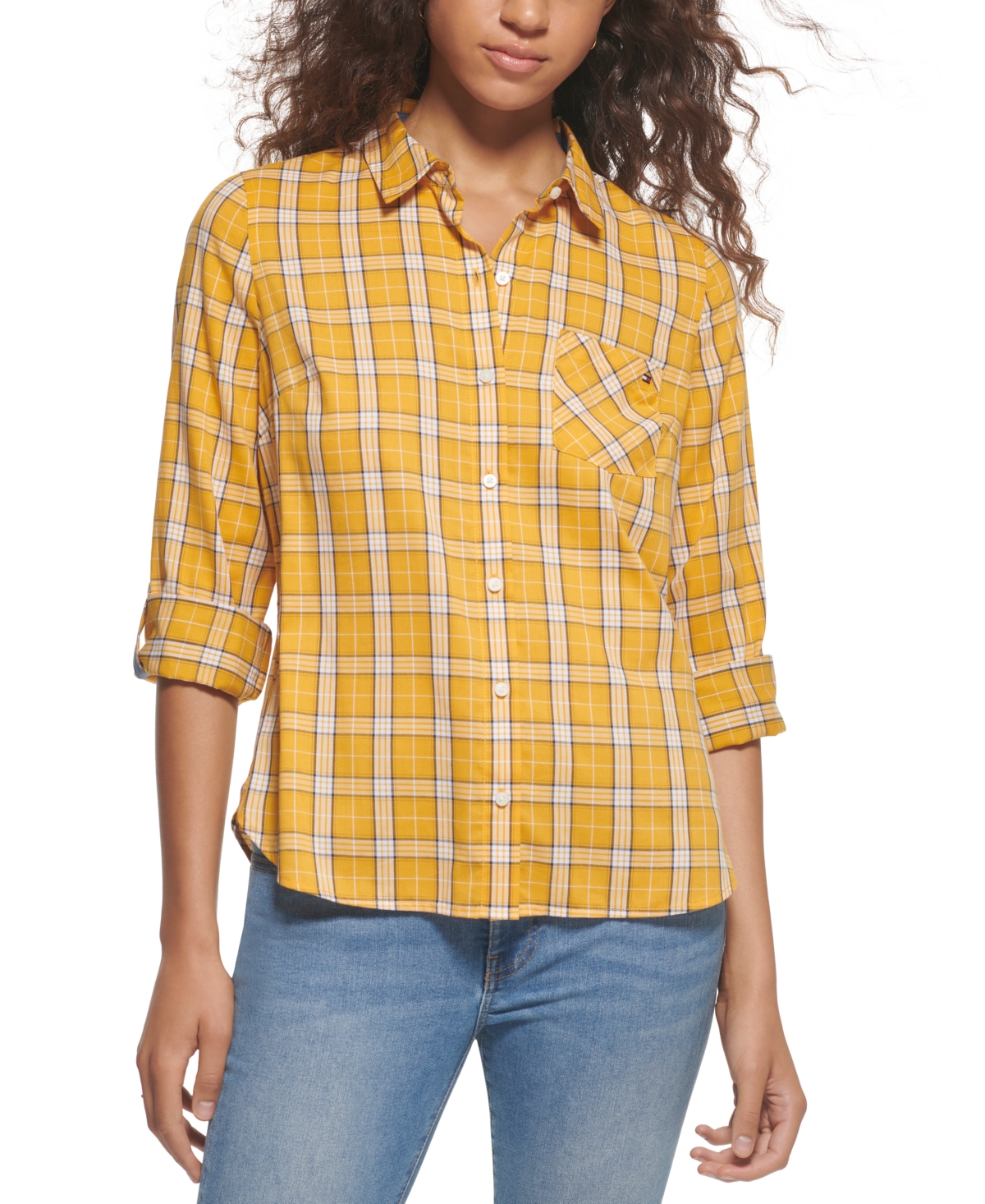 Tommy Hilfiger Women's Roll-Tab Plaid Buttoned Top
